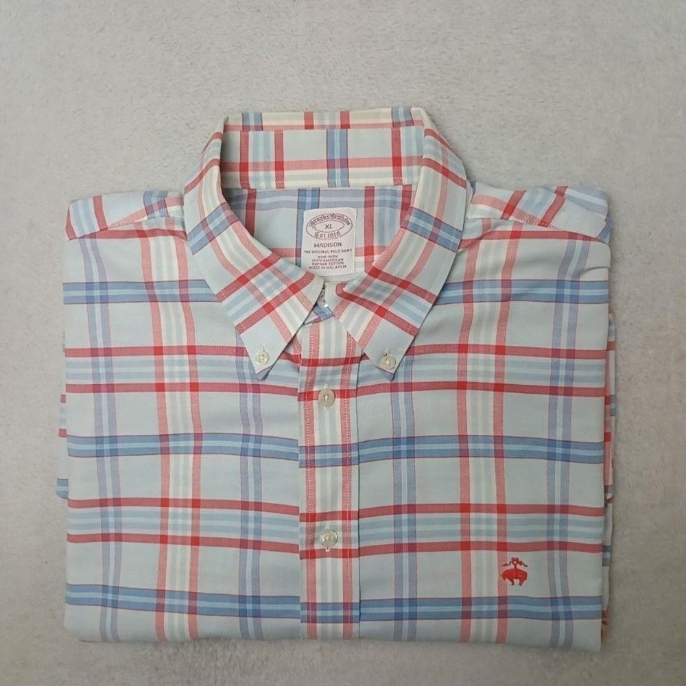 Brooks Brothers Shirt Mens XL Red Plaid Madison Button-Up Non-Iron Cotton